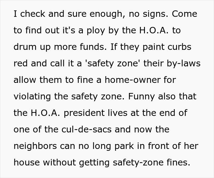 Text describing HOA scheme to create fake violations for funds by painting curbs red.