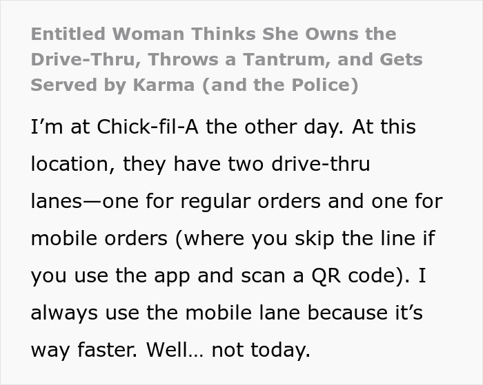 Text image about a woman's tantrum at Chick-fil-A drive-thru, involving karma and police presence.