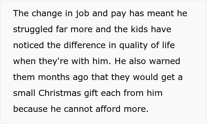 Text discussing financial struggles affecting gift-giving, mentioning a small Christmas gift due to job change and pay cut.