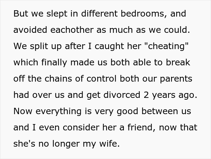 Text about divorce and relationship dynamics, featuring a personal story addressing the views on chores and gender roles.