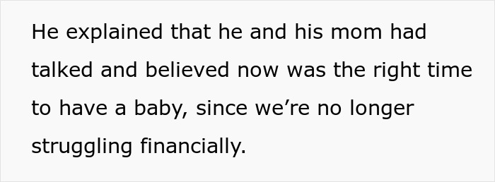 Text about boyfriend discussing timing for having a baby, mentioning financial stability.