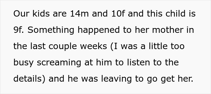 Text discussing a mom and husband's affair baby situation, mentioning kids aged 14 and 10, and reactions to news of 9-year-old.