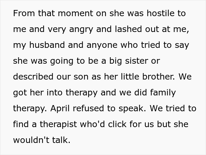 Text about stepdaughter's hostile behavior towards baby and therapy attempts.