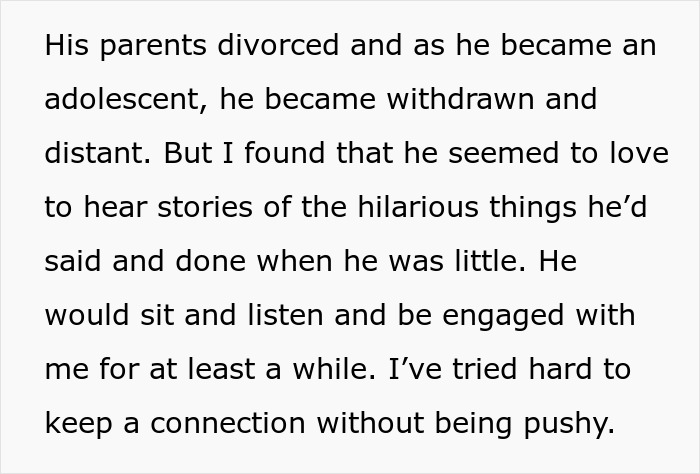 Text discusses a boy's withdrawal post-divorce and his grandmother's effort to connect through childhood stories.