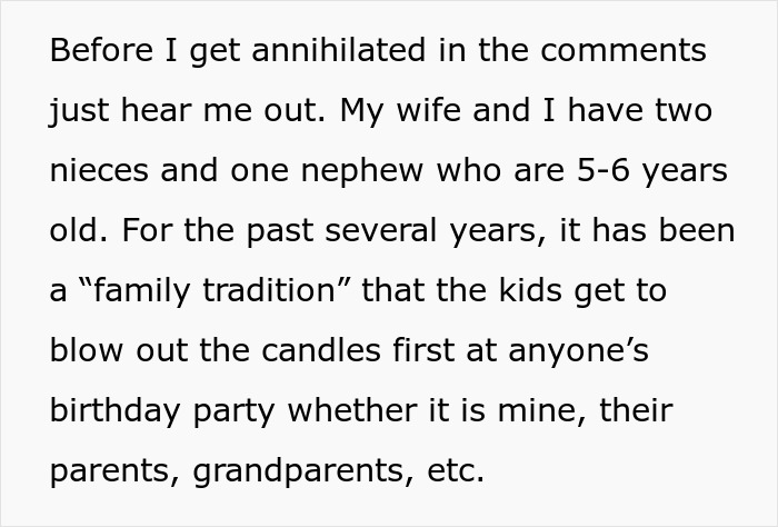 Text about family tradition where kids blow out birthday candles to avoid tantrums.