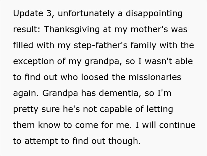 Persistent Mormons' update on family's Thanksgiving gathering with grandpa mentioned in context.