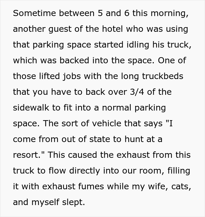 Text description of a family's experience with smoke filling their hotel room due to truck exhaust.