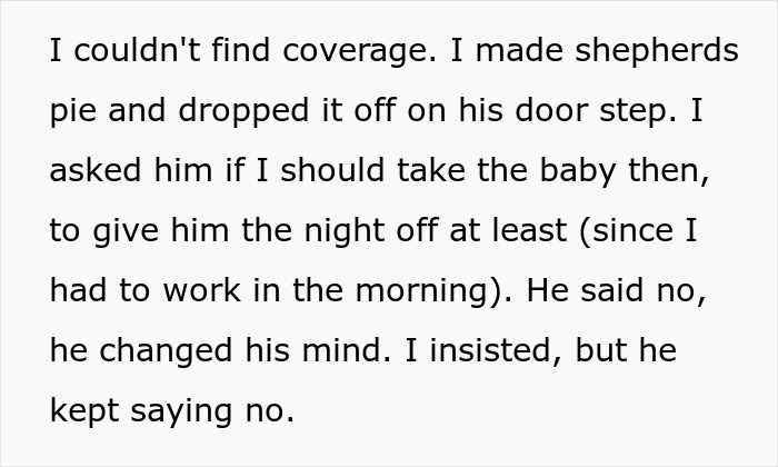 Text about a dad struggling to handle his baby, leaving her at the ex's doorstep.