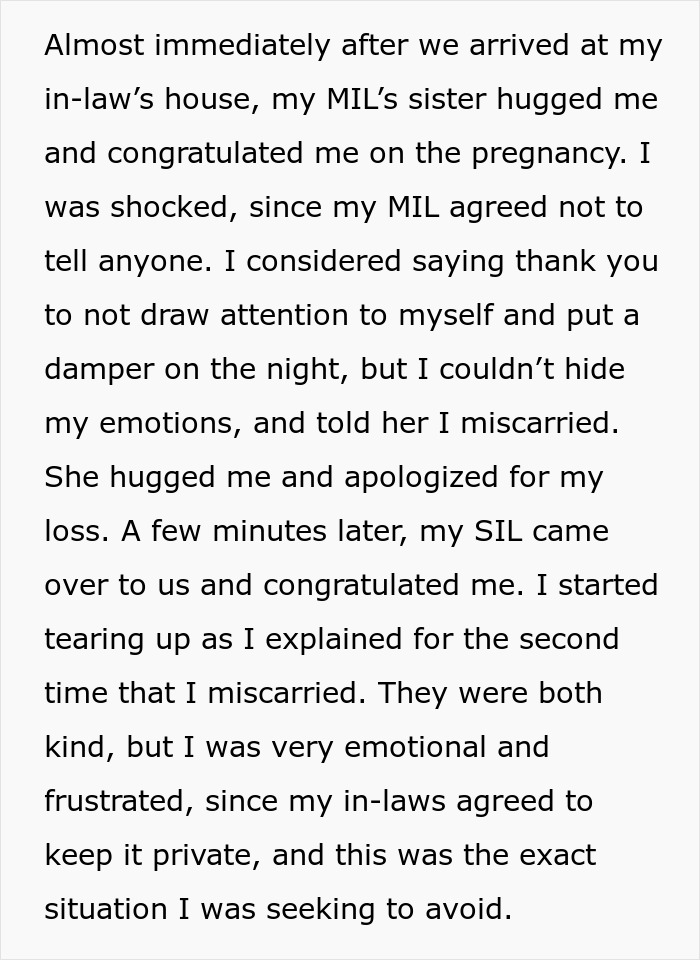 Text discussing family tensions arising from MIL sharing personal news about miscarriages.