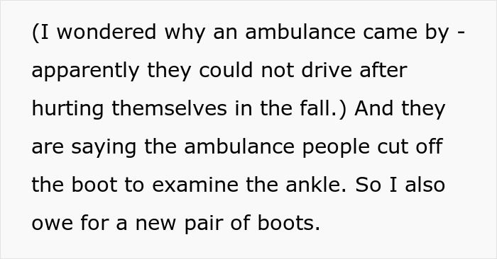 Text excerpt about an ambulance incident involving a fall and boots being cut off for an ankle examination.