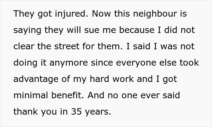 Text excerpt about neighbors upset over snow shoveling, mentioning injury and lawsuit threats.