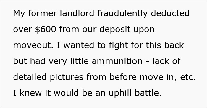 Text about a landlord dispute over deposit deduction, highlighting tenant's lack of evidence for court battle.