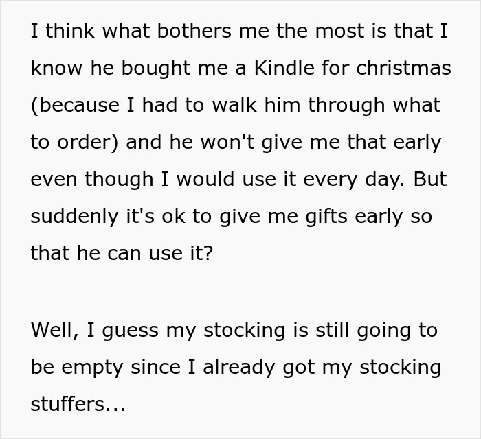 Text about Christmas gift anticipation and the frustration of not receiving it early.