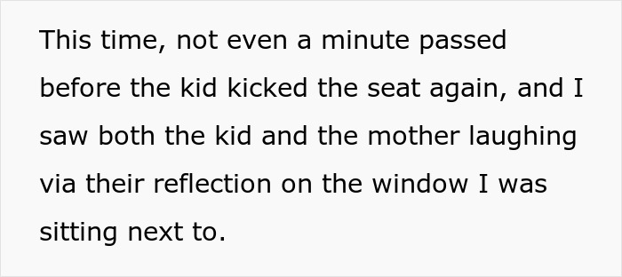 Text about a kid kicking a train seat, with reflections of the child and mom laughing in the window.