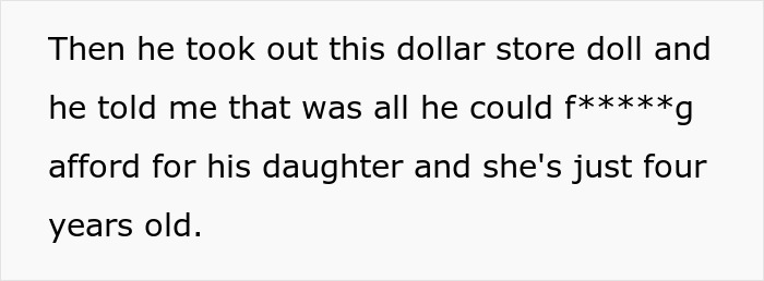 Text discussing a dollar store gift for a four-year-old daughter, referring to an affair child and the context of Christmas gifts.