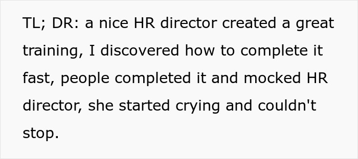 Text about HR director's breakdown after training completion issues.