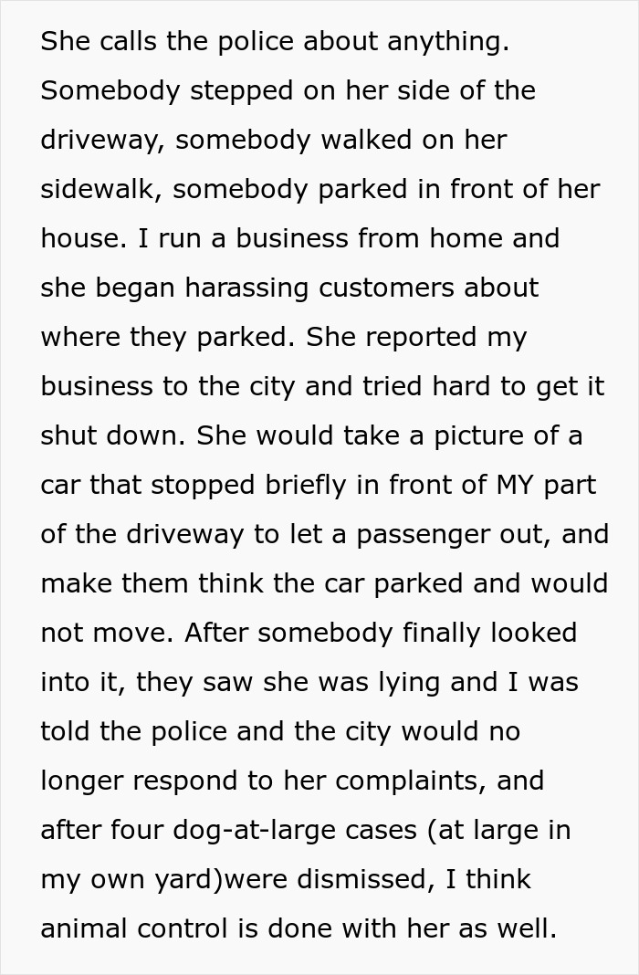 Text from a neighbor describing a problematic woman disrupting the neighborhood.