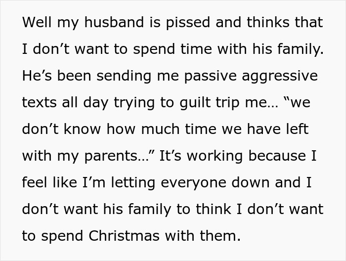 Text message expressing frustration about spending Christmas with husband's family.