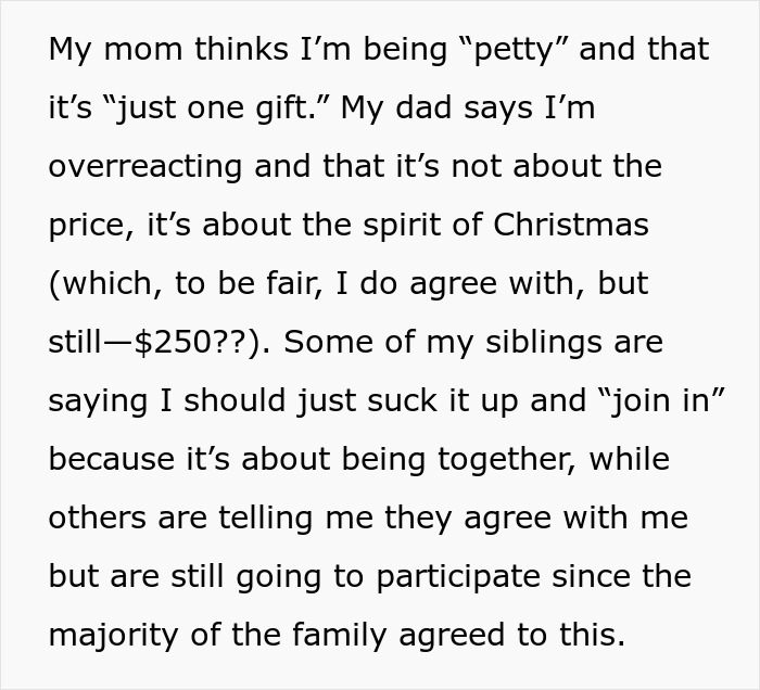 Text about family opinions on gift price for Christmas party participation.