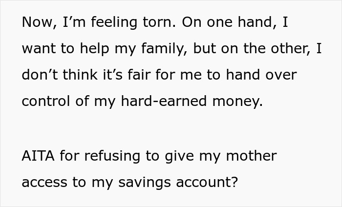 Text expressing conflict over family, money, and emergency decisions about mother's access to savings account.