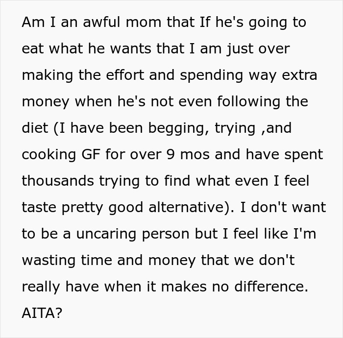 Text describing a mom's frustration about her son's wheat allergy and efforts spent on gluten-free meals.