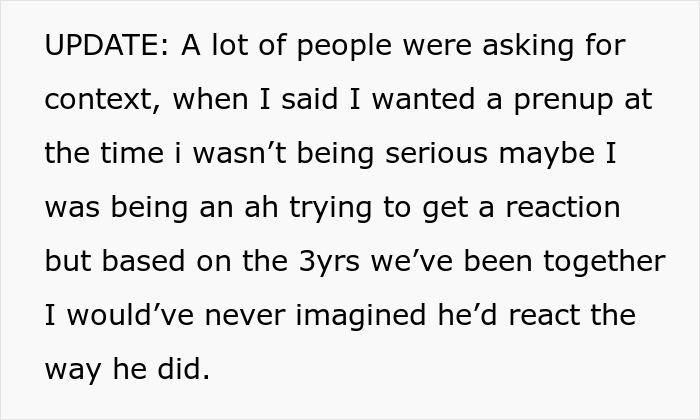 Text update about jokingly asking for a prenup, causing an upset reaction in a 3-year relationship with fiancé.