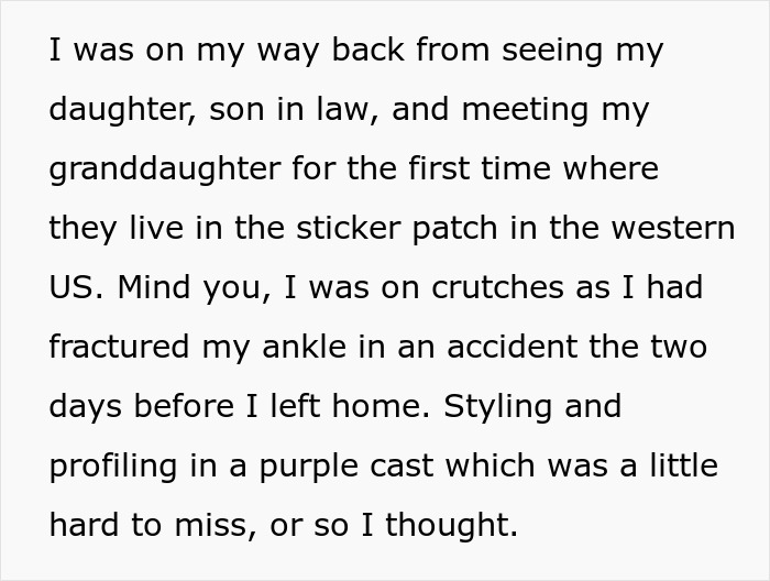 Text describing a woman returning from visiting family, navigating with crutches, and wearing a purple cast.