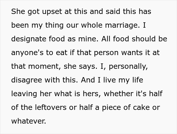 Text about food sharing disagreement between a husband and fruit-obsessed wife.