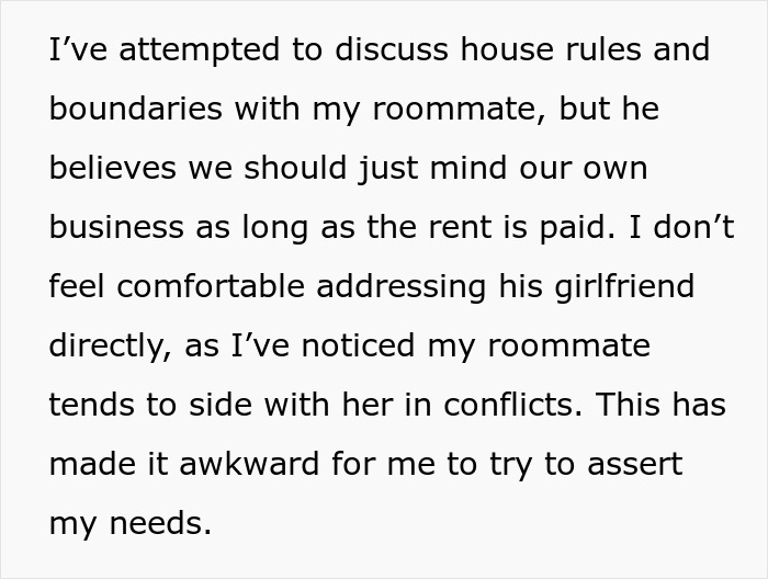 Text describes an awkward living situation with a roommate and his girlfriend moving in, causing conflict.