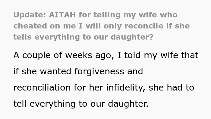 Text about a husband's condition for forgiving his wife's affair if she explains it to their daughter.