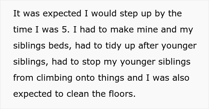 Text about a child managing household chores and responsibilities from a young age.