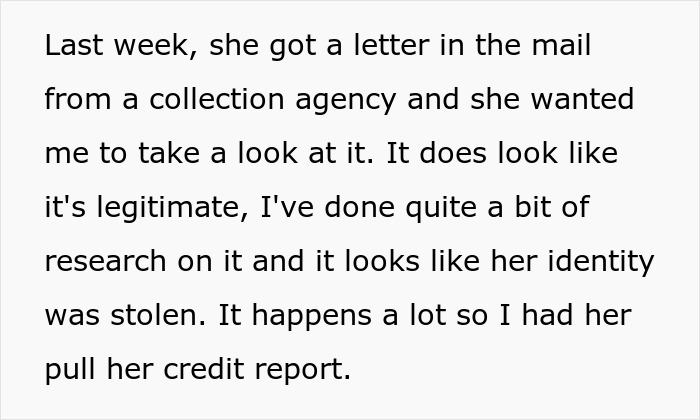 Text discussing identity theft and fraud concerns related to a $20,000 debt and a collection agency letter.