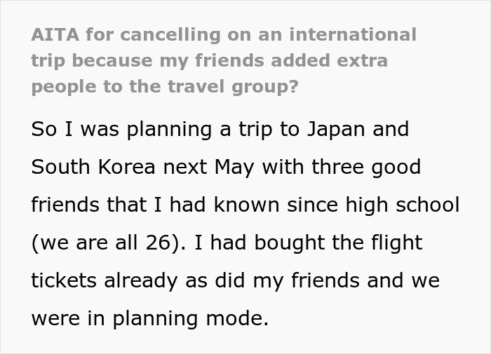 Text about canceling a Japan trip due to friends adding strangers to the group.