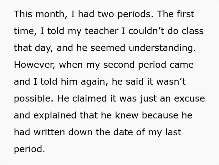 Text about a teacher clocking periods, showing misunderstanding about a student\'s monthly cycles.