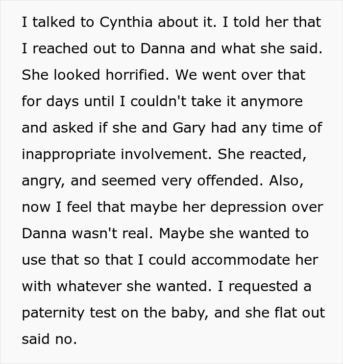 Text message discussing a cheating wife and refusal of a paternity test.