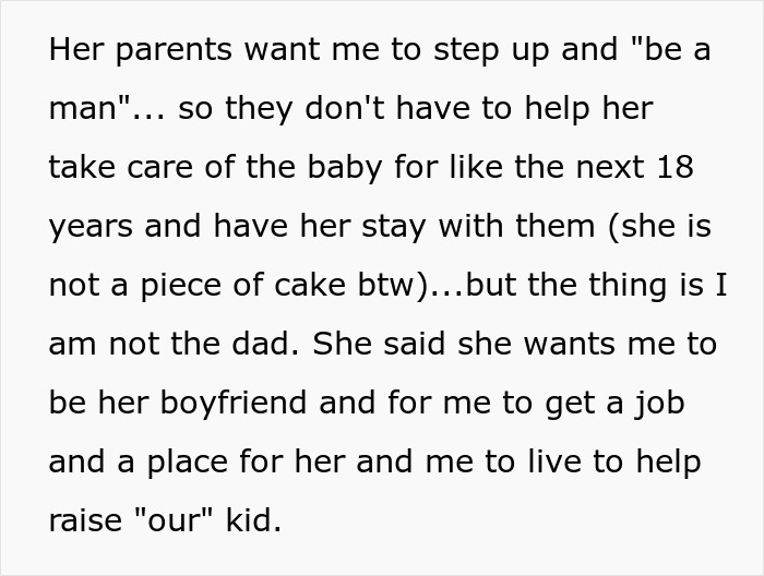 Text screenshot showing a teen's refusal to raise a baby that's not his, citing family pressure and responsibility concerns.