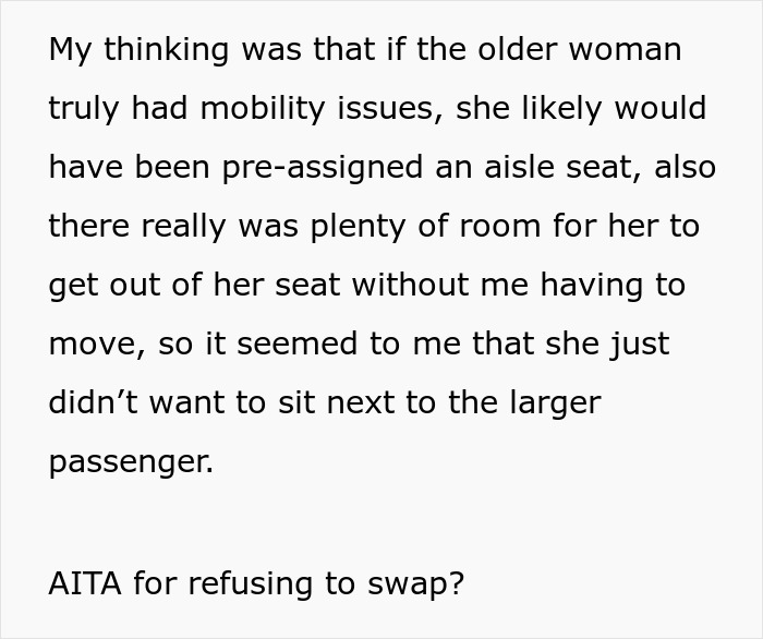 Text about refusing to switch seats with a 60-year-old citing doubts about her mobility issues.