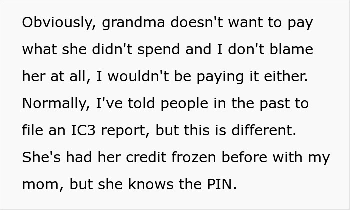 Text discussing a grandma's suspicion of fraud and her daughter's involvement in a $20,000 debt issue.