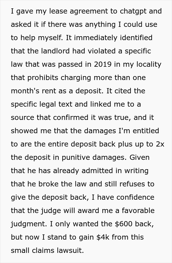 Text detailing how ChatGPT helped a tenant win court case against a landlord over deposit law violation.