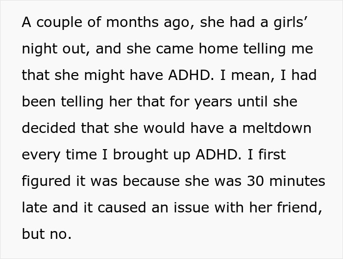 Text detailing a husband's frustration about his wife's reaction to an ADHD discussion over seven years.