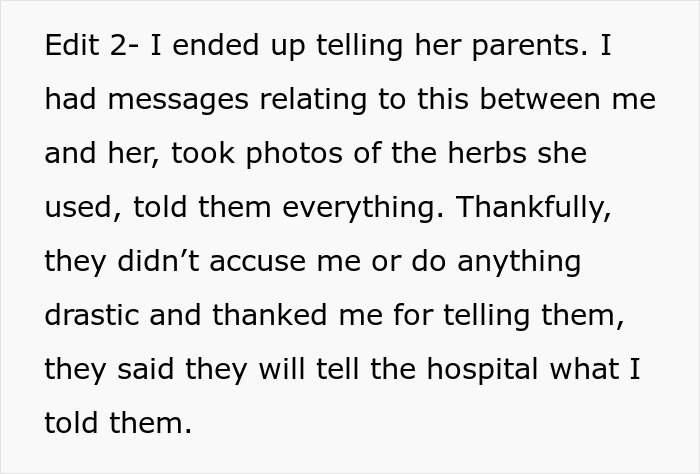 Text screenshot about a girlfriend baby drama involving herbs and parental communication.