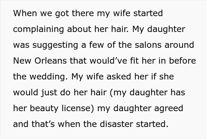 Text about a mother complaining about her hair at her daughter's wedding, leading to a family conflict.