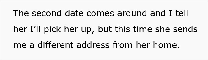 Text describing a second date arrangement with a different pickup location, involving a girl being picked up by a guy.