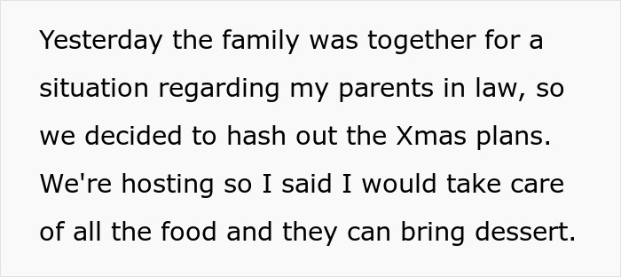 Text screenshot discussing family Xmas plans, focusing on hosting responsibilities and dessert arrangements.