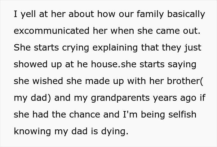 Text about family drama involving nephews, aunt, and grandparents, highlighting emotional conflict and past excommunication.