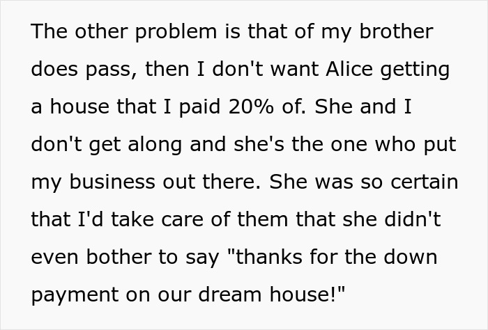 Text discussing financial disagreement over a house investment involving brother and debt issues with Alice.