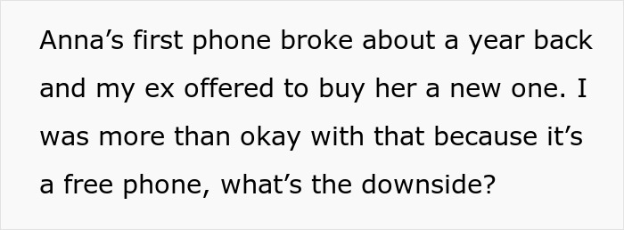 Text about a daughter getting a free phone from her mom’s ex, questioning the downside.