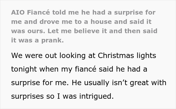 Text describing a fiancé surprise house prank, revealing the ruse after an exciting setup with Christmas lights.