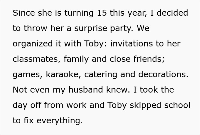 Text about a surprise 15th birthday party plan with invitations, games, and decorations.