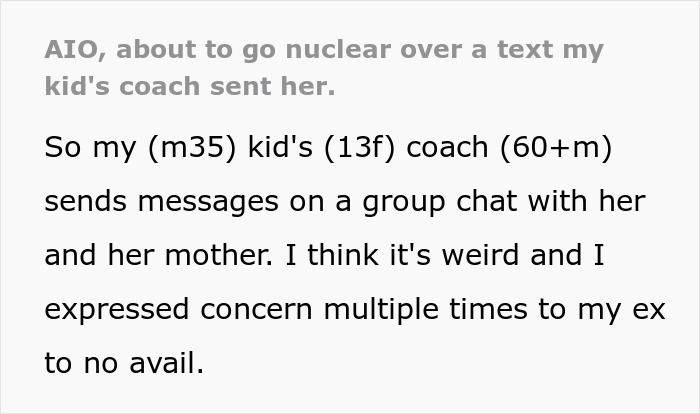 Screenshot showing a concerned parent discussing inappropriate texts from a 60-year-old coach to a 13-year-old daughter.